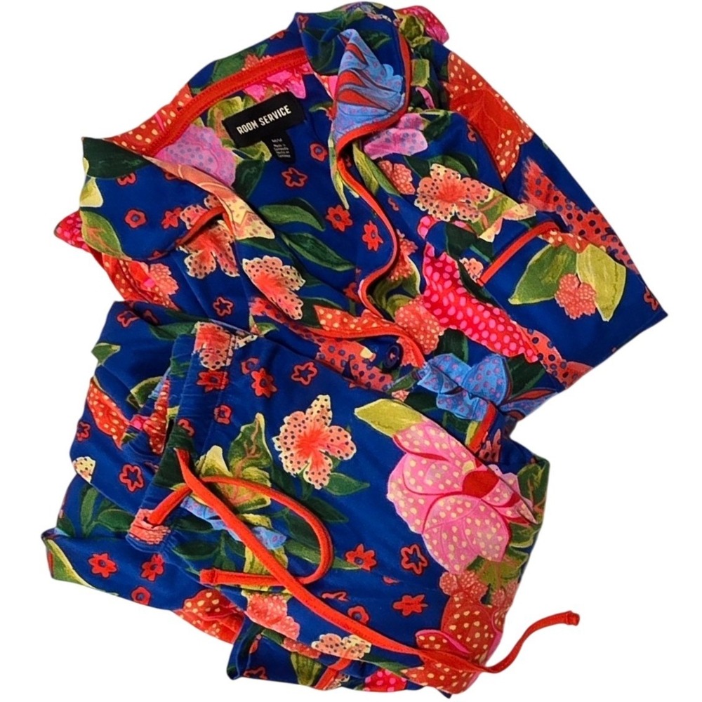 Room Service Womens Blue Floral Velvet Pajama Set M Medium Button Front Pants